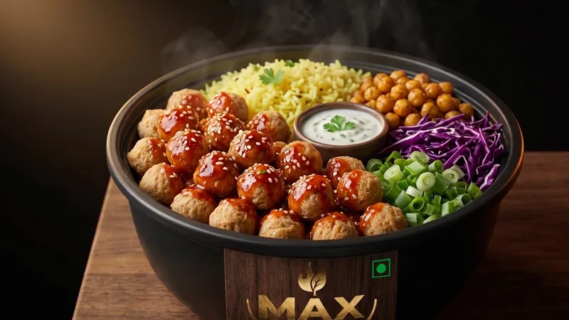 MAX Chilli Soya bowl: chilli soya chunks with peppers over rice